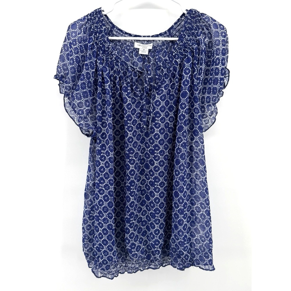 Liz Claiborne Blue White Geometric Pattern Top Smocked Trim Sheer Shirt Women 1X